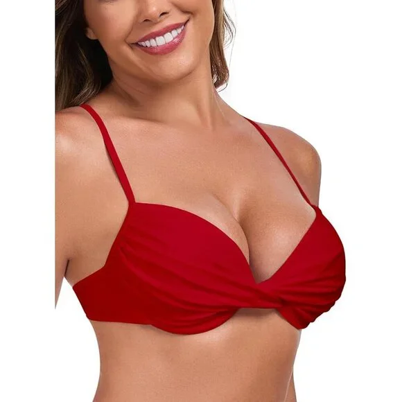 Women's Red Push Up Bikini Tops Ruched Twist Front Underwear Top Swimsuit - Picture 2 of 8
